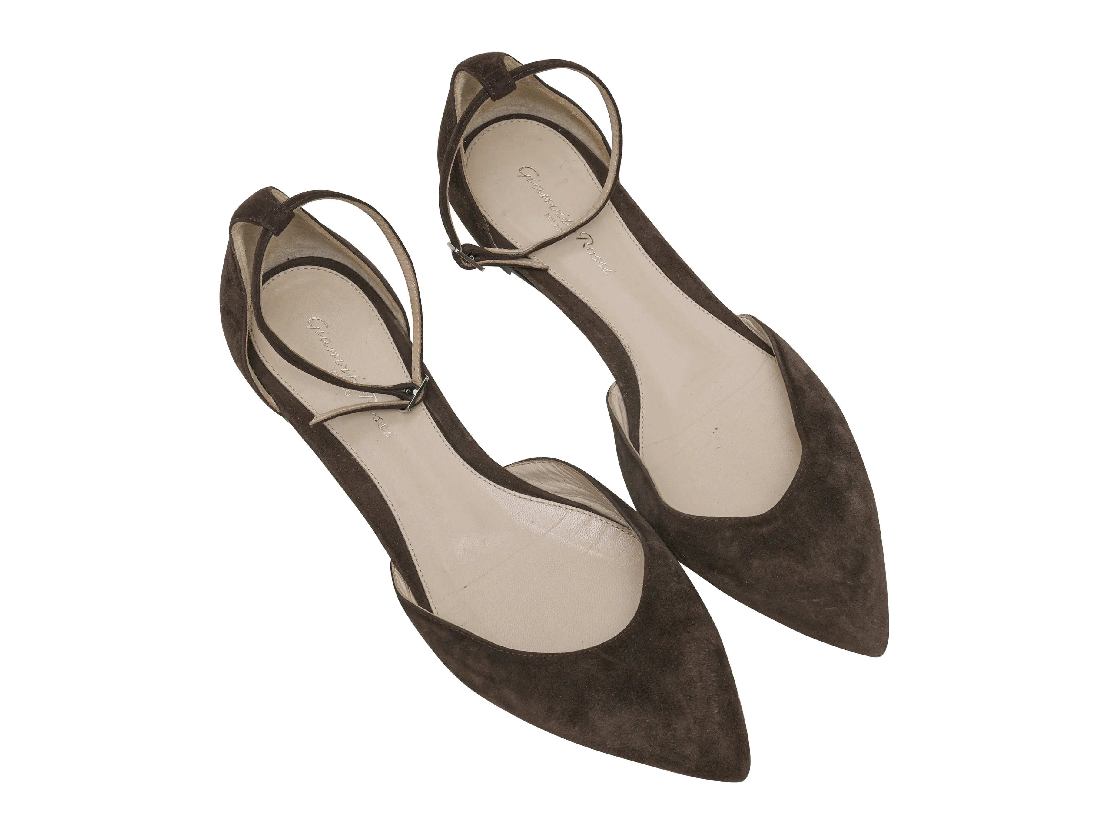 Brown Gianvito Rossi Pointed-Toe Ankle Strap Flats Size 38