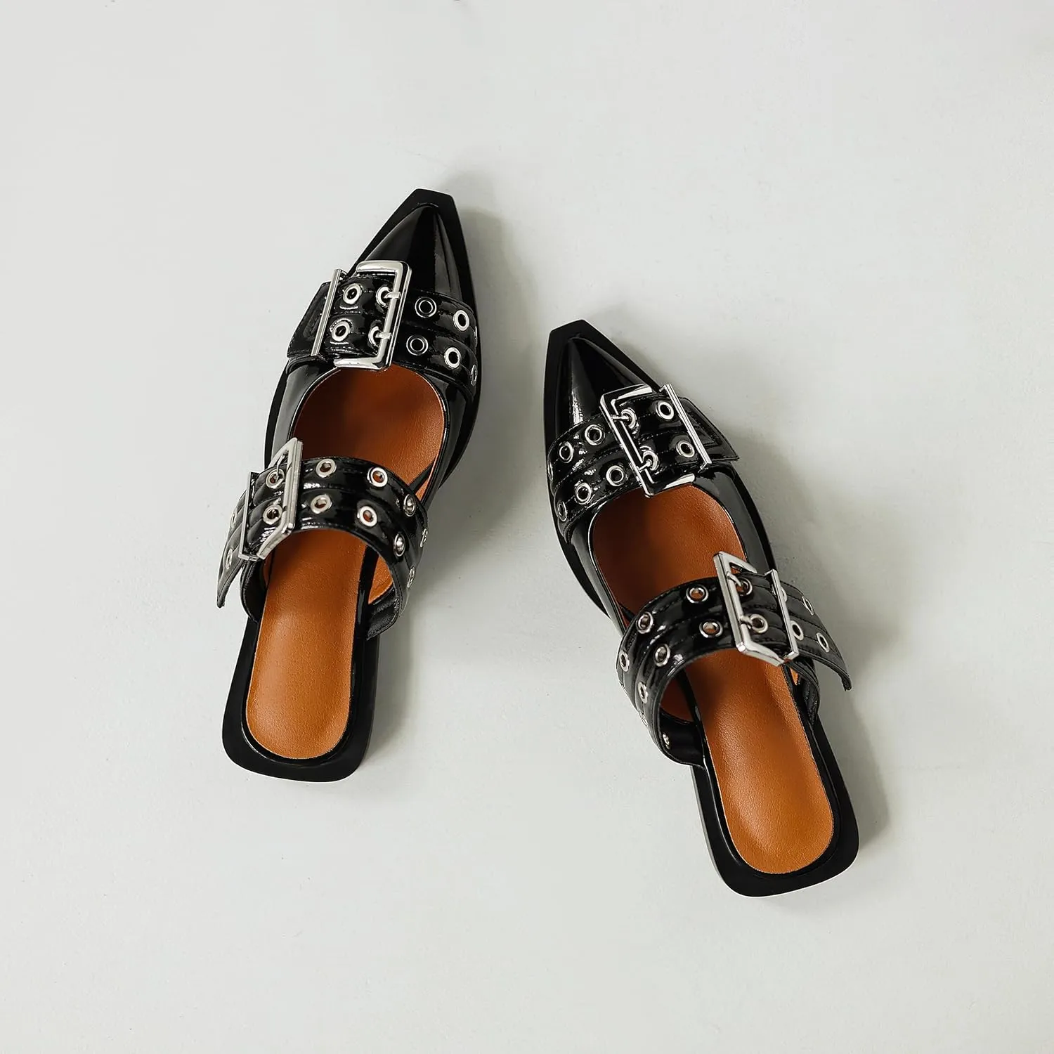Buckle Flats for Women Wide Welt Buckled Mules Pointed Toe Low Low Block Heel Shoes