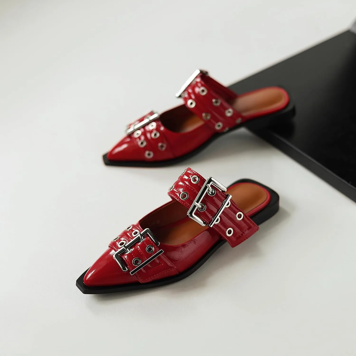 Buckle Flats for Women Wide Welt Buckled Mules Pointed Toe Low Low Block Heel Shoes