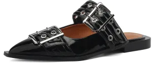 Buckle Flats for Women Wide Welt Buckled Mules Pointed Toe Low Low Block Heel Shoes