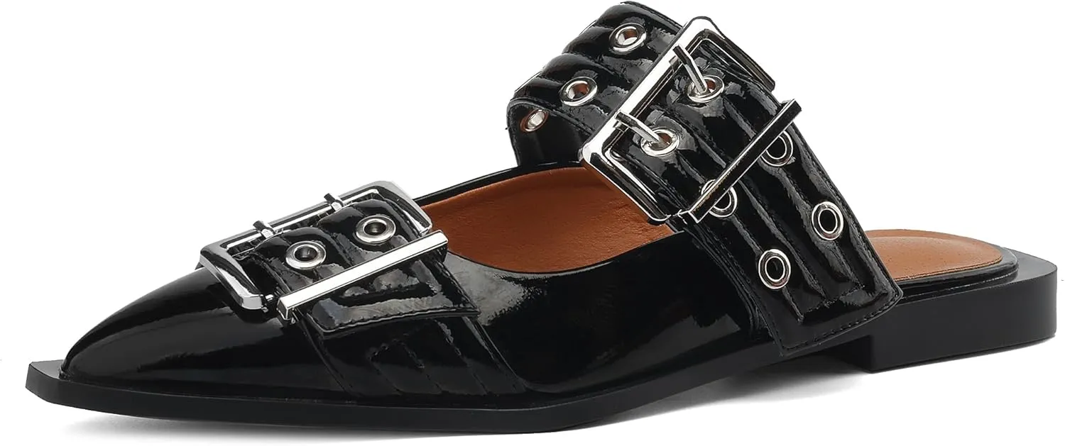 Buckle Flats for Women Wide Welt Buckled Mules Pointed Toe Low Low Block Heel Shoes