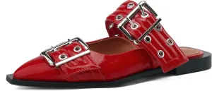 Buckle Flats for Women Wide Welt Buckled Mules Pointed Toe Low Low Block Heel Shoes