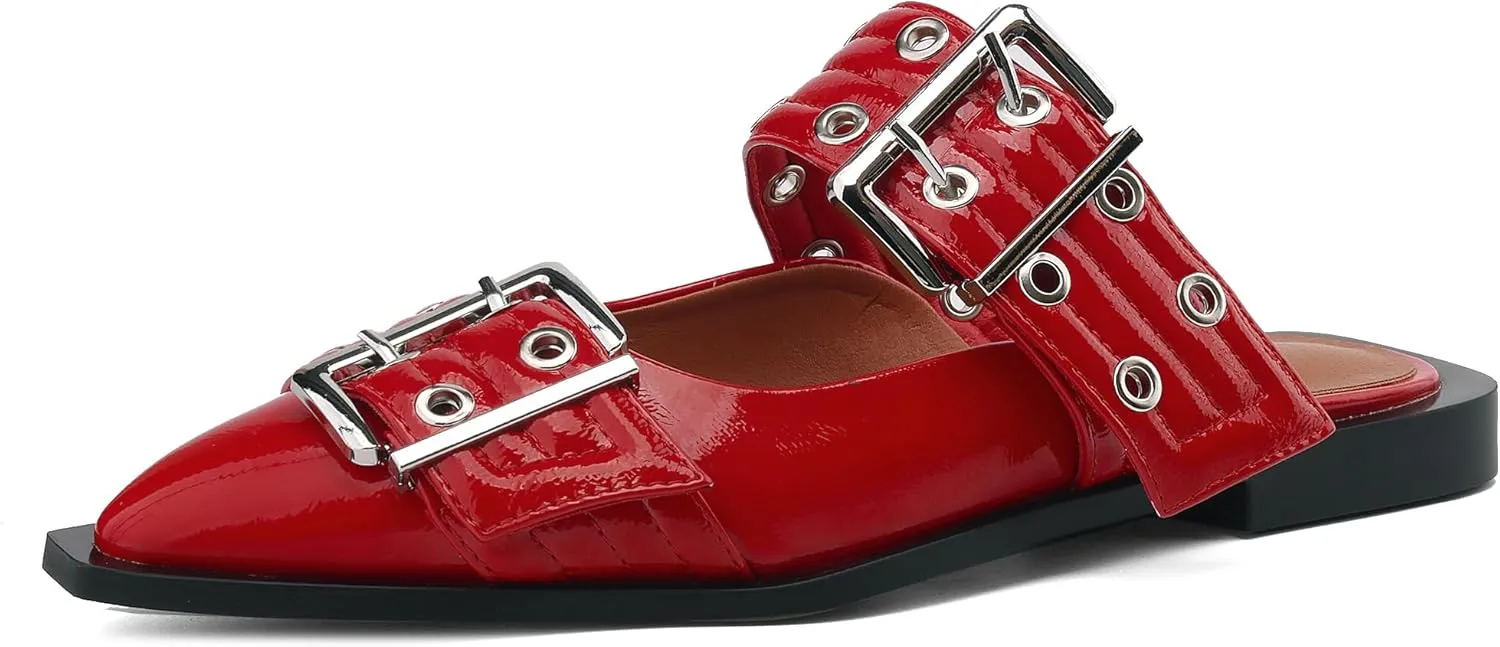 Buckle Flats for Women Wide Welt Buckled Mules Pointed Toe Low Low Block Heel Shoes