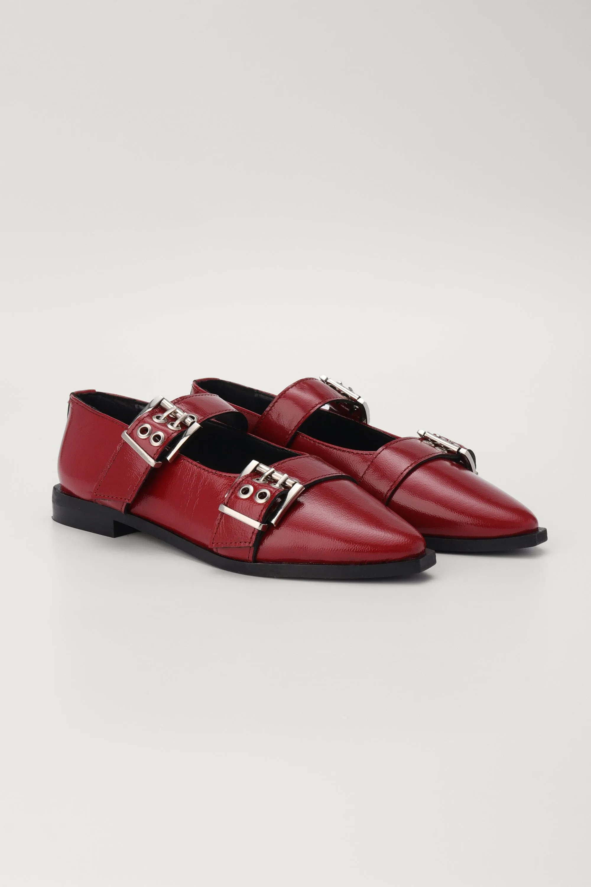 Buckled Ballet Flats in Red Patent Leather