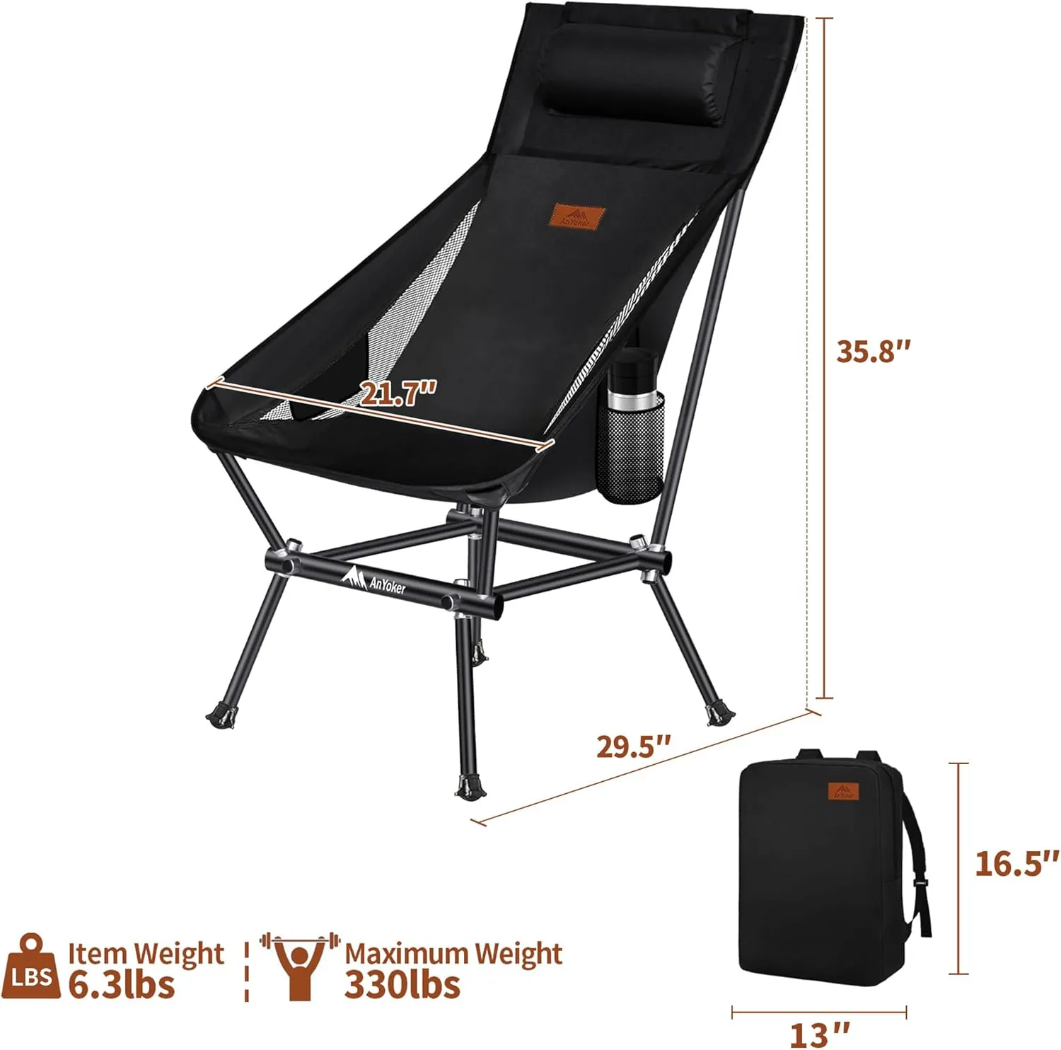 Camping Chair, Compact Backpacking Chair, Portable Folding Chair, Beach Chair with Side Pocket and headrest, Lightweight Hiking 188ZZ-SJB (Coffee 2 Pack)