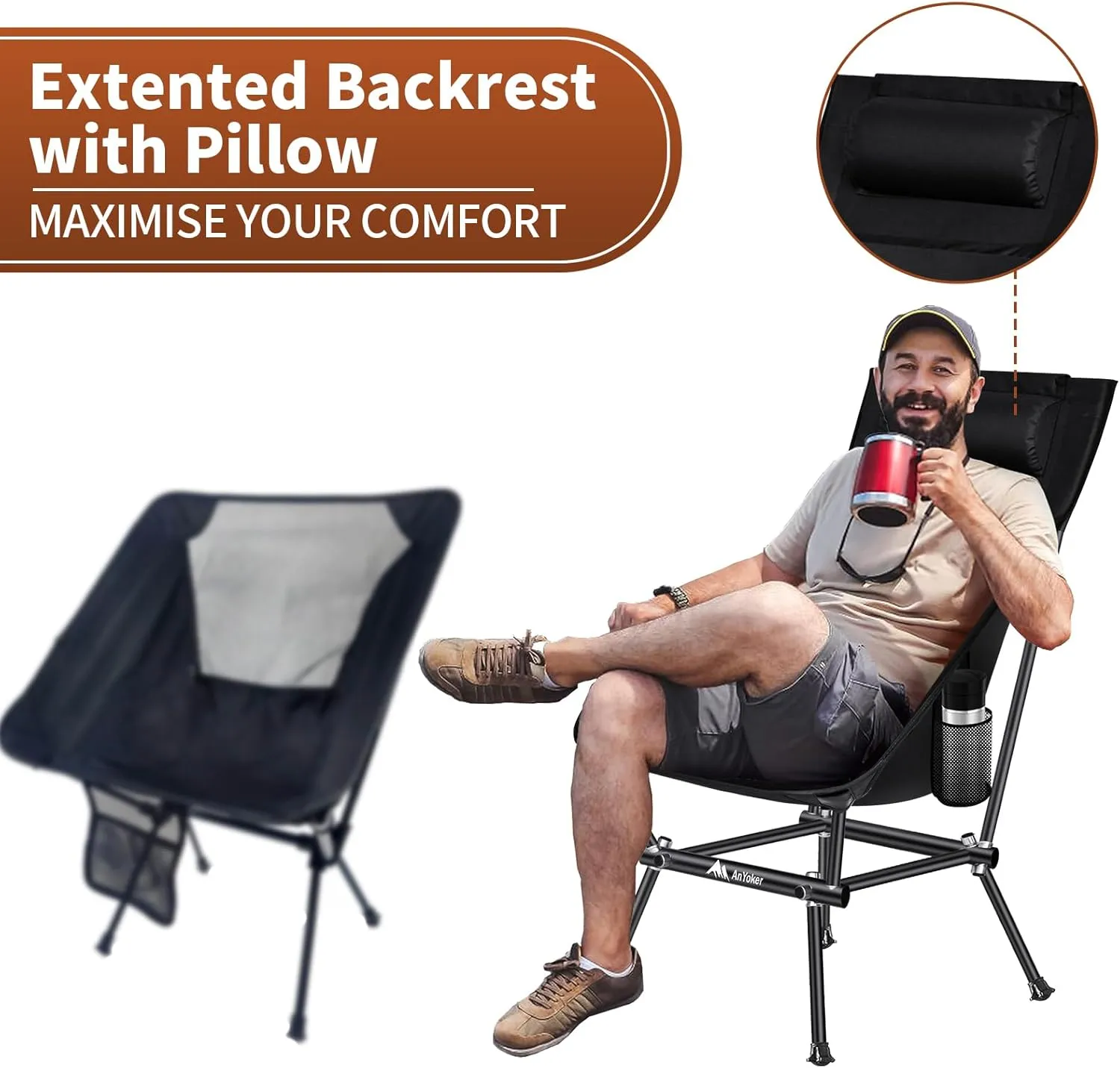 Camping Chair, Compact Backpacking Chair, Portable Folding Chair, Beach Chair with Side Pocket and headrest, Lightweight Hiking 188ZZ-SJB (Coffee 2 Pack)