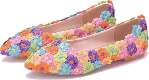 ChaiRong Zhou Women Beautiful Lace Ballet Flats with Pearl Flower Slip on Lightweight Breathable Flats Comfortable Pointed Toe Casual Dress Party Shoes