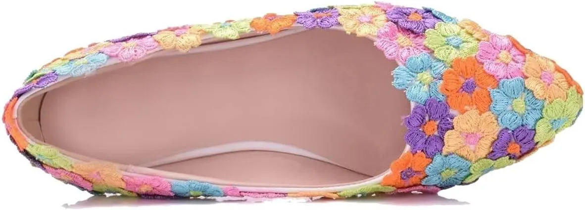 ChaiRong Zhou Women Beautiful Lace Ballet Flats with Pearl Flower Slip on Lightweight Breathable Flats Comfortable Pointed Toe Casual Dress Party Shoes