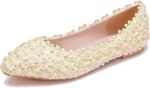 ChaiRong Zhou Women Beautiful Lace Ballet Flats with Pearl Flower Slip on Lightweight Breathable Flats Comfortable Pointed Toe Casual Dress Party Shoes