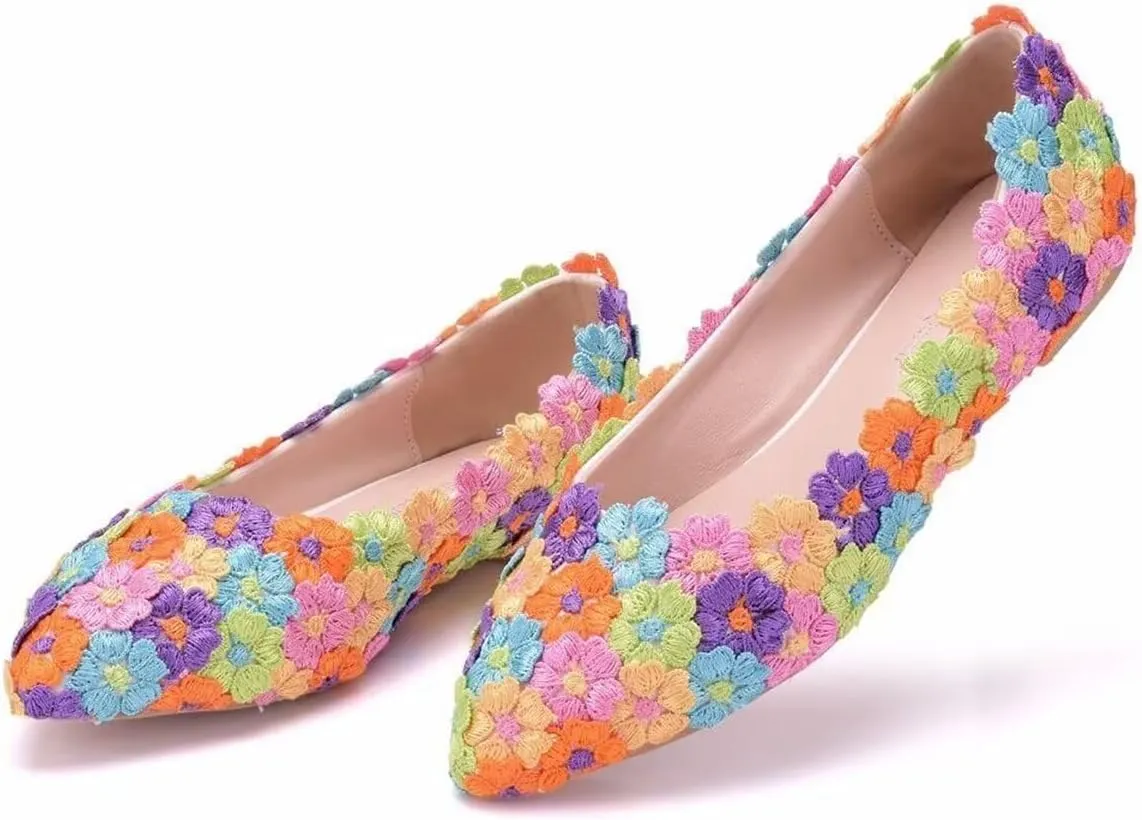 ChaiRong Zhou Women Beautiful Lace Ballet Flats with Pearl Flower Slip on Lightweight Breathable Flats Comfortable Pointed Toe Casual Dress Party Shoes
