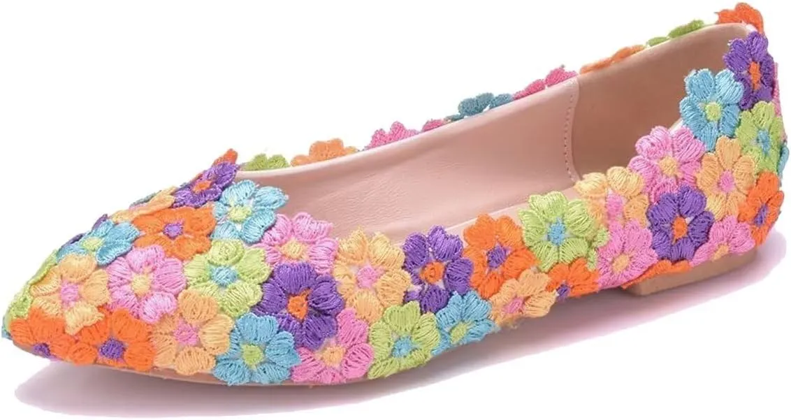 ChaiRong Zhou Women Beautiful Lace Ballet Flats with Pearl Flower Slip on Lightweight Breathable Flats Comfortable Pointed Toe Casual Dress Party Shoes