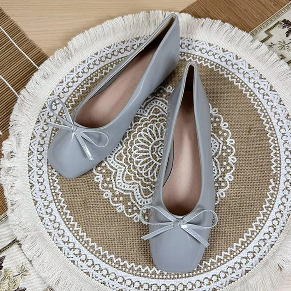 ChaiRong Zhou Women Lightweight Bow Patent Leather Flats Square Toe Slip on Low Heel Ballet Dress Party Office Shoes