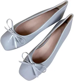 ChaiRong Zhou Women Lightweight Bow Patent Leather Flats Square Toe Slip on Low Heel Ballet Dress Party Office Shoes
