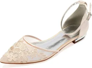 Charmstep Womens Pointed Toe Bridal Ballet Flats Ankle Strap Satin Mesh Lace Flowers Flat Wedding Dress Shoes 5047A-2