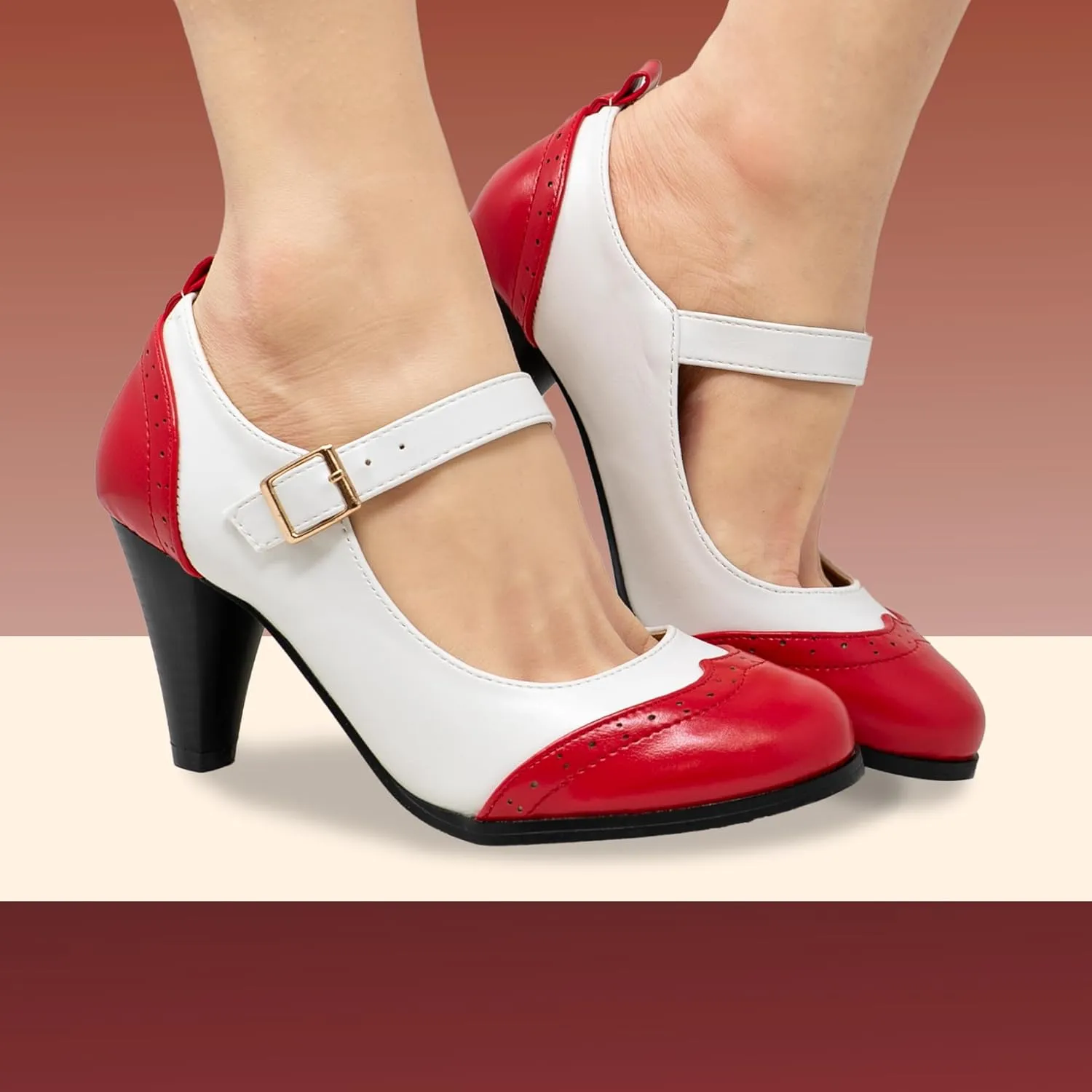 Chase & Chloe Women's Round Toe Two Tone Mary Jane Pumps