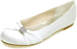 COMFASH Wedding Shoes Ladies' Flats Satin Round Toe Rhinestones Evening Party Ballet Pumps