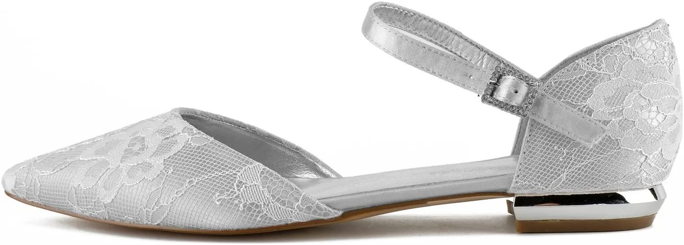 COMFASH Women Ballet Flats Shoes Pointed Toe Ankle Strap Lace Vamp Bride Wedding Sandals