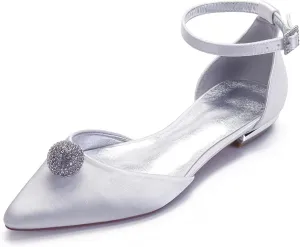 COMFASH Women's Wedding Flats Shoes Satin Pointed Toe Party Dress Bridesmaid Ballet Pumps,White,7