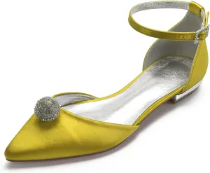 COMFASH Women's Wedding Flats Shoes Satin Pointed Toe Party Dress Bridesmaid Ballet Pumps,Yellow,8