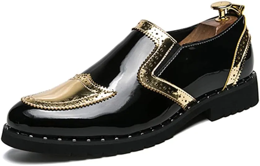 Comodish Men's Business Oxford Casual Personality Stylish Stitching Thick Patent Leather Brogue Shoes
