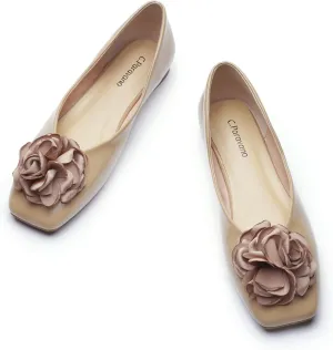 C.Paravano Ballet Flats for Women | Flats Shoes | Womens Square Toe Flats | Slip On Dress Shoes | Women's Leather Shoes | Flower Flats (Size 10.5,Light Coffee)