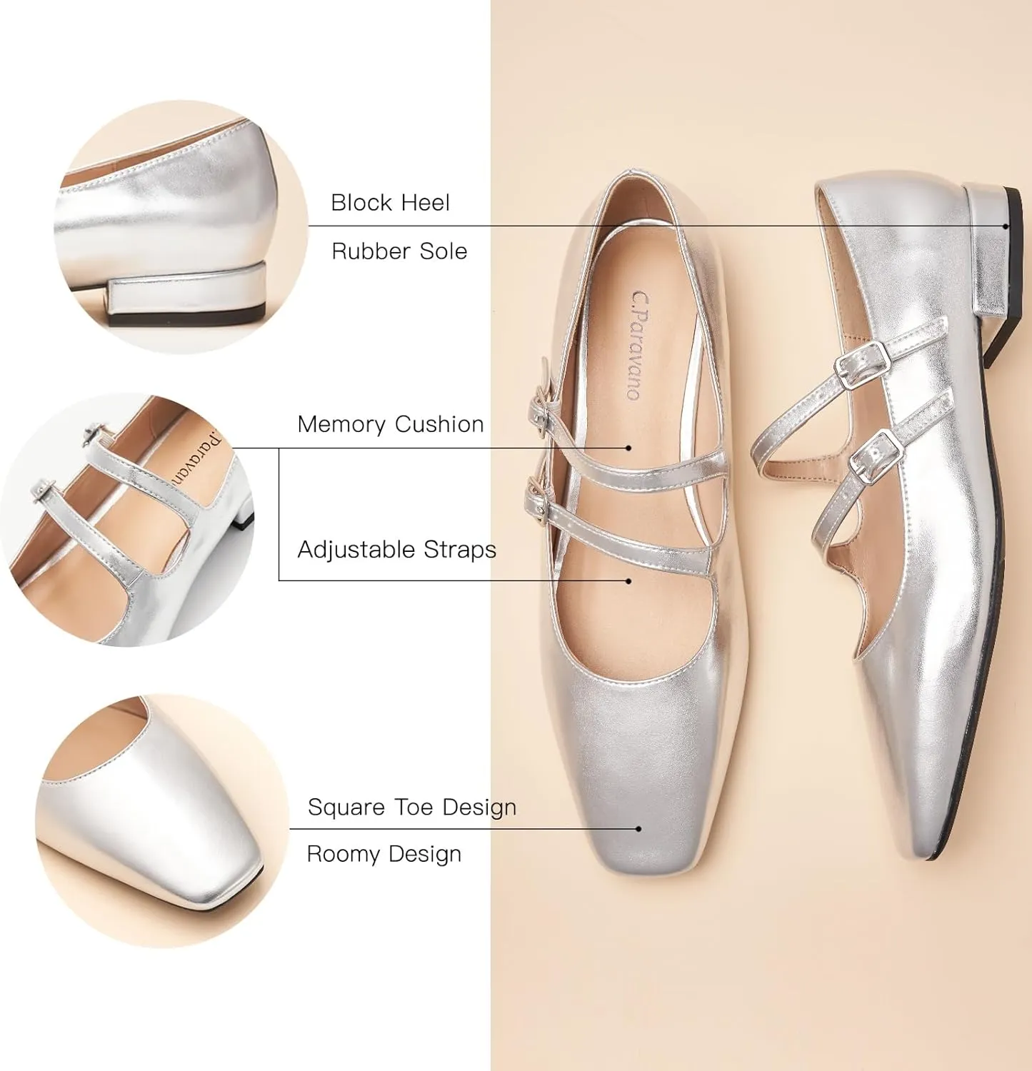 C.Paravano Luxury Mary Jane Ballet Flats: Adjustable Double Straps & Square Toe|Premium Comfort for Gallery Openings, Spring Brunches|Style w/Midi Skirts or Cropped Trousers