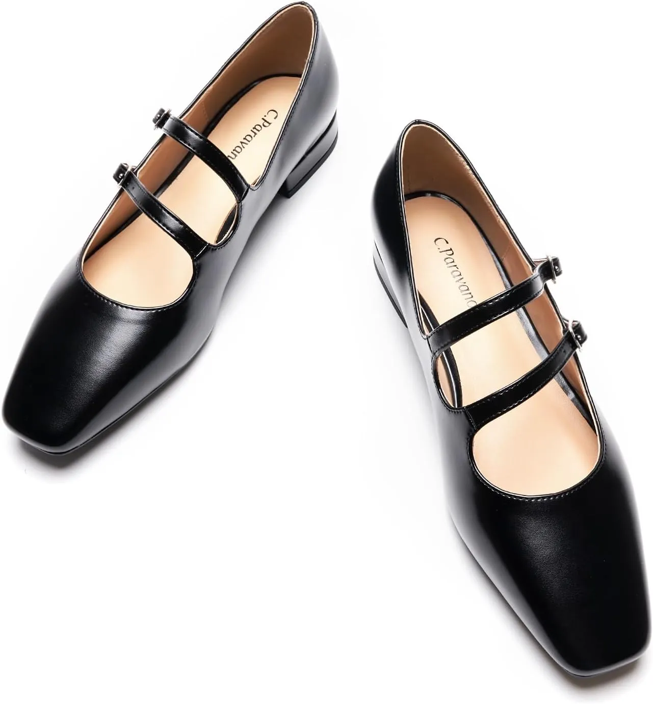 C.Paravano Luxury Mary Jane Ballet Flats: Adjustable Double Straps & Square Toe|Premium Comfort for Gallery Openings, Spring Brunches|Style w/Midi Skirts or Cropped Trousers