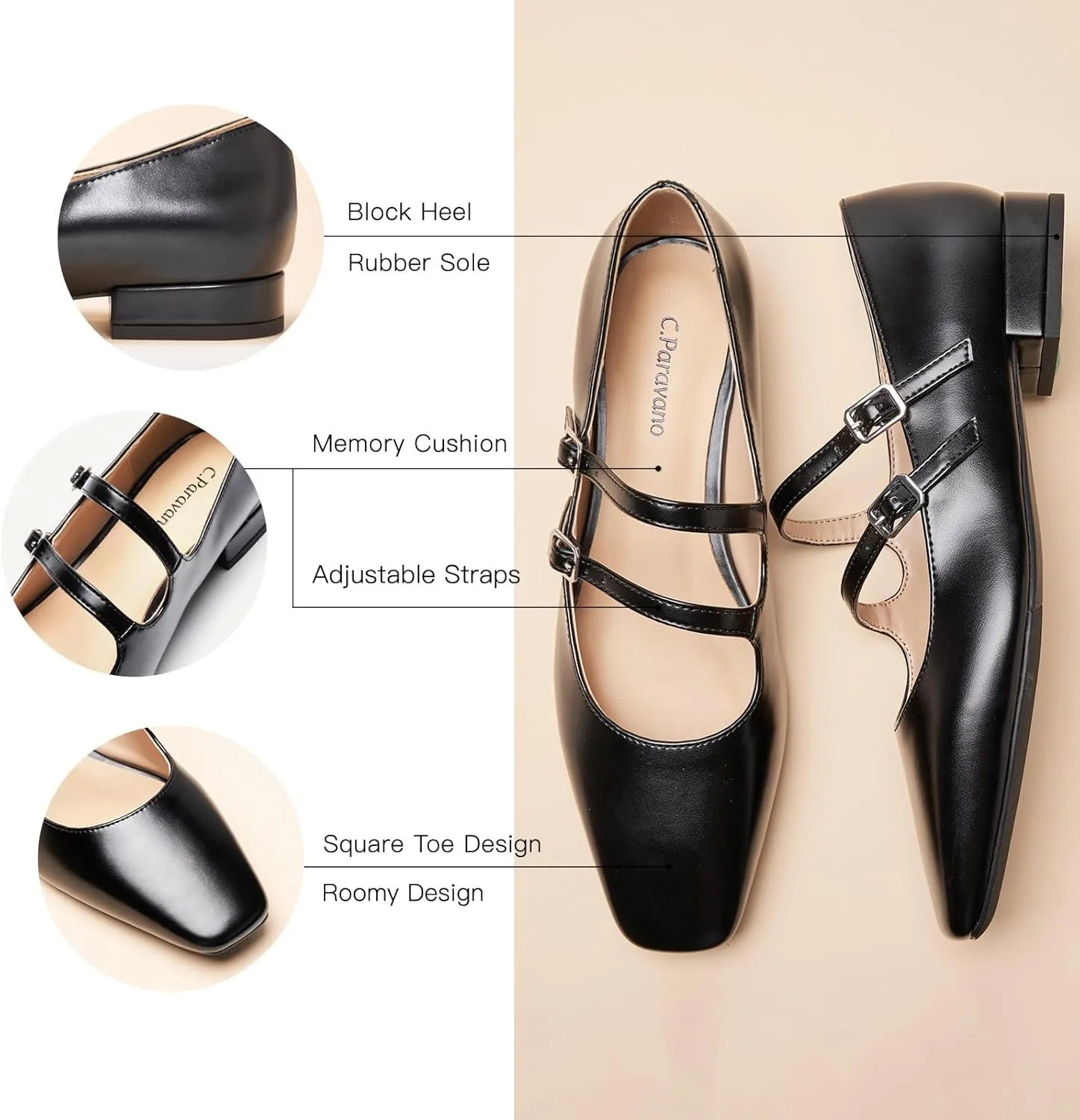 C.Paravano Luxury Mary Jane Ballet Flats: Adjustable Double Straps & Square Toe|Premium Comfort for Gallery Openings, Spring Brunches|Style w/Midi Skirts or Cropped Trousers