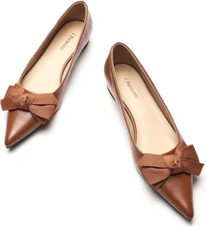 C.Paravano Pointy Bow Flats Women's Flats Ballet Shoes for Women（Brown,Size 9