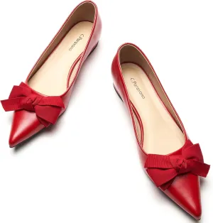 C.Paravano Pointy Bow Flats Women's Flats Ballet Shoes for Women（Red,Size 10