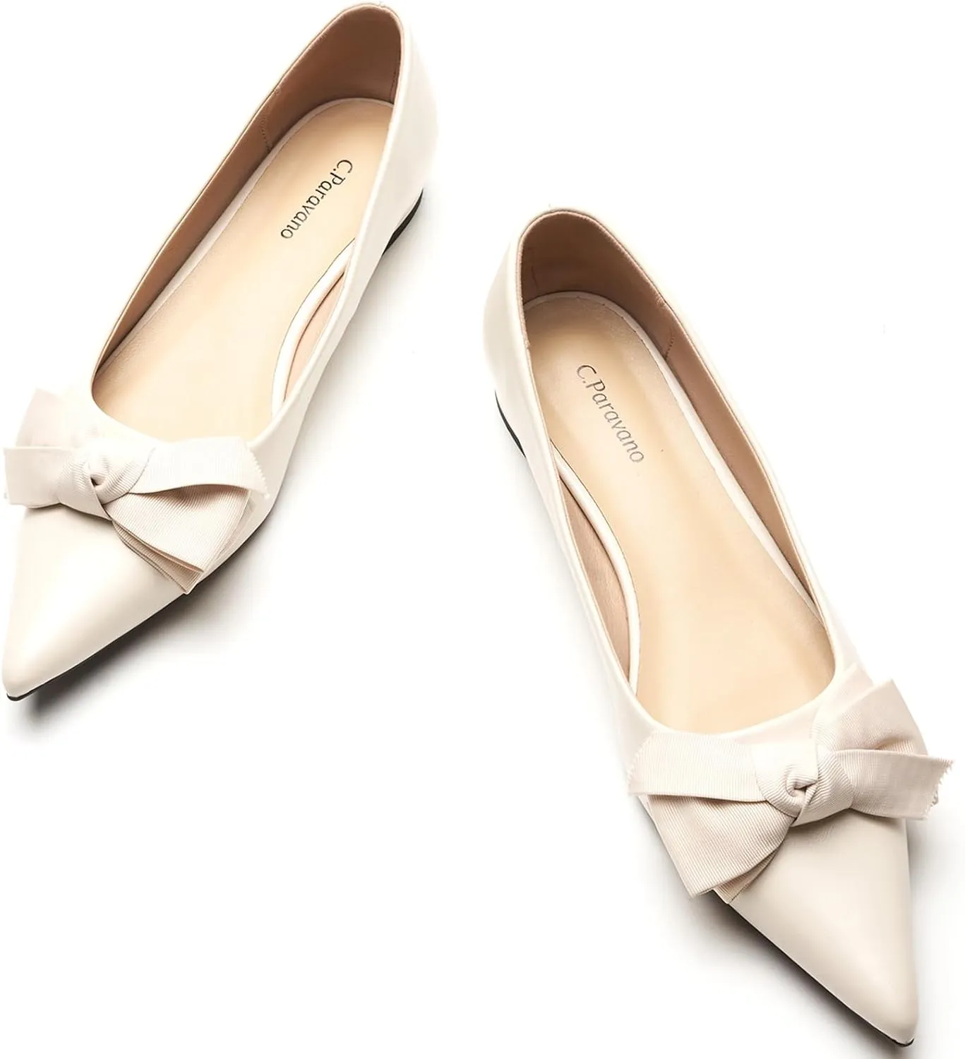 C.Paravano Pointy Bow Flats Women's Flats Ballet Shoes for Women（White,Size 8