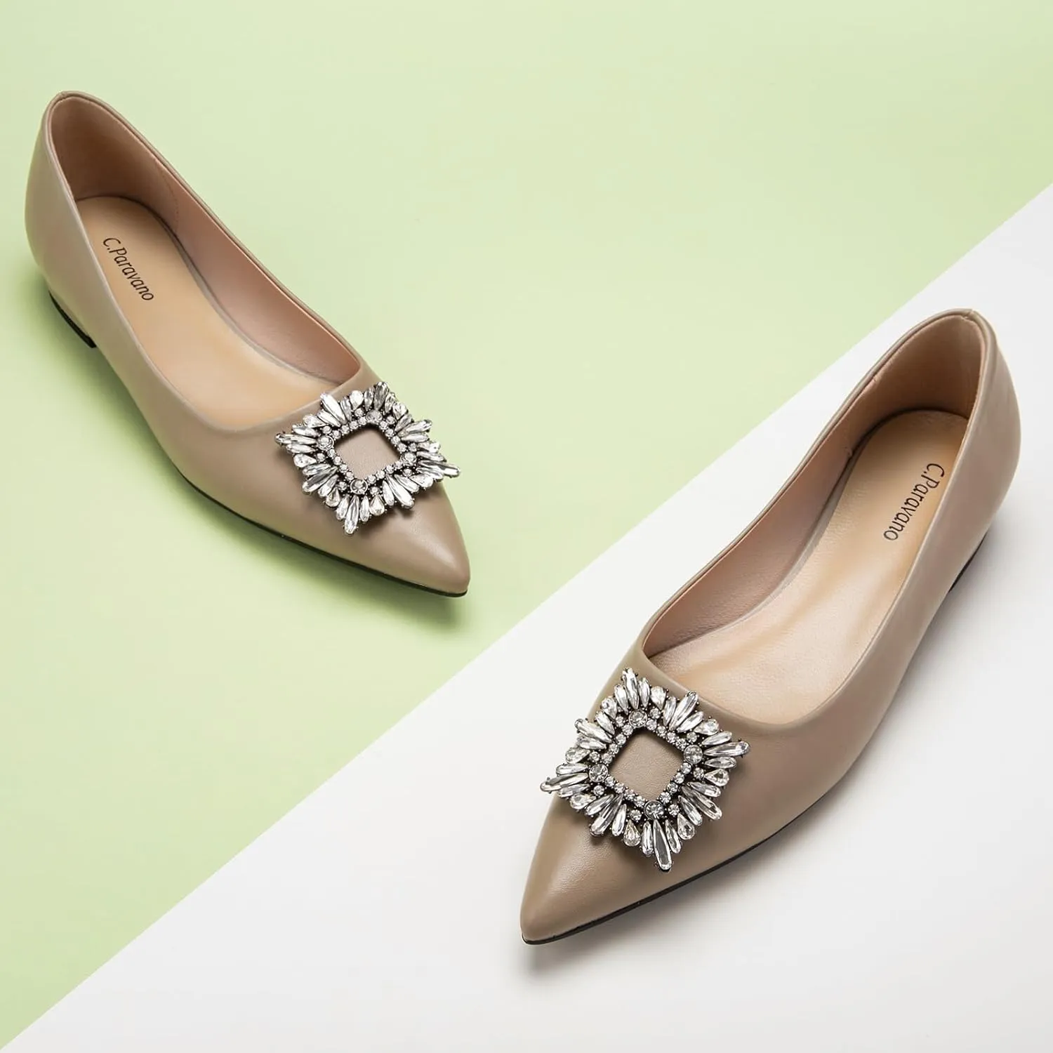 C.Paravano Women's Crystal Buckle Ballet Flats - Pointed Toe Slip On Dressy Shoes