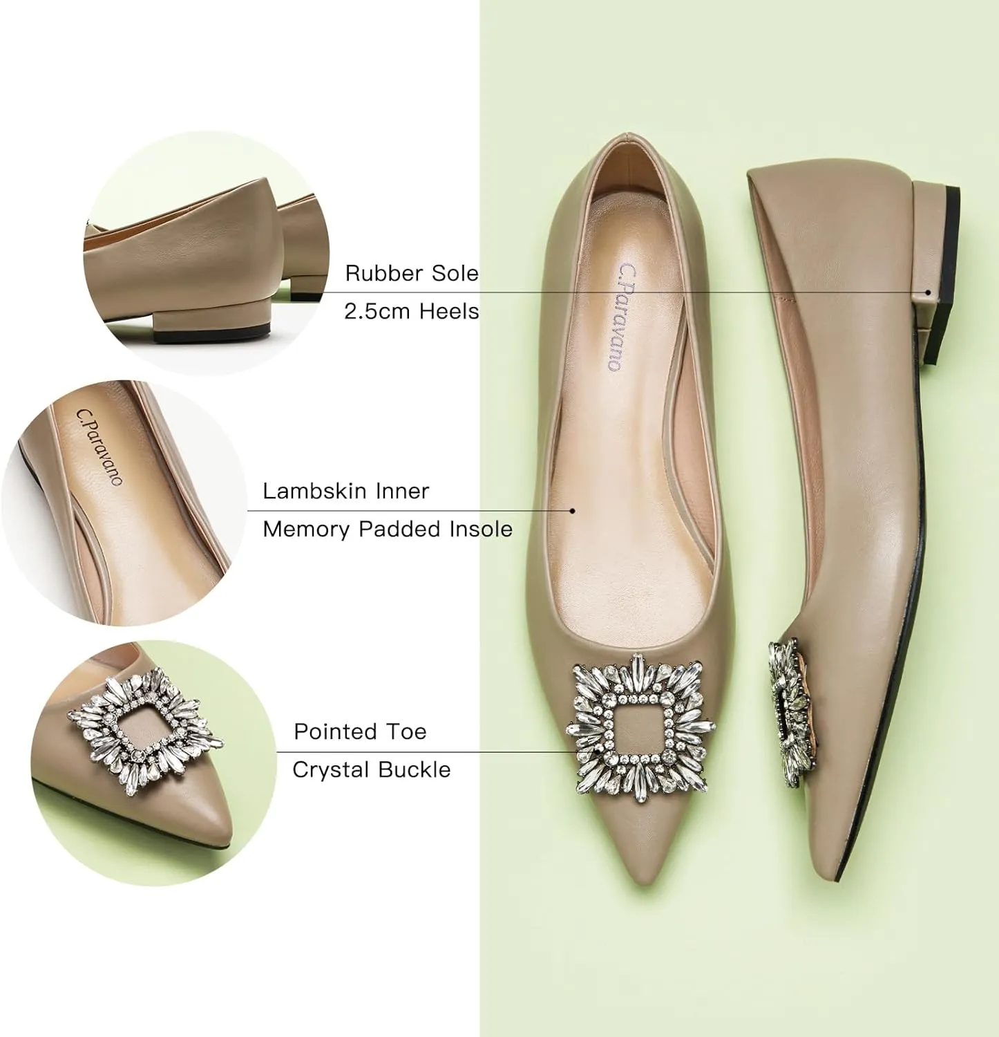 C.Paravano Women's Crystal Buckle Ballet Flats - Pointed Toe Slip On Dressy Shoes