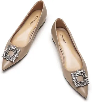 C.Paravano Women's Crystal Buckle Ballet Flats - Pointed Toe Slip On Dressy Shoes