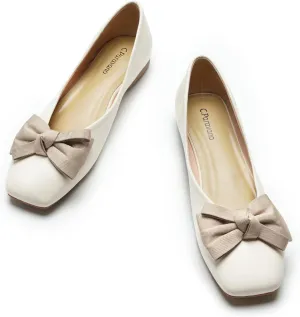 C.Paravano Women's Flats | Square Toe Shoes for Women | White Flat Shoes | Women Soft Leather Bowknot Dressy Flat | Slip On Ballet Flats for Work Walking & Wedding Party (Size 5,White)