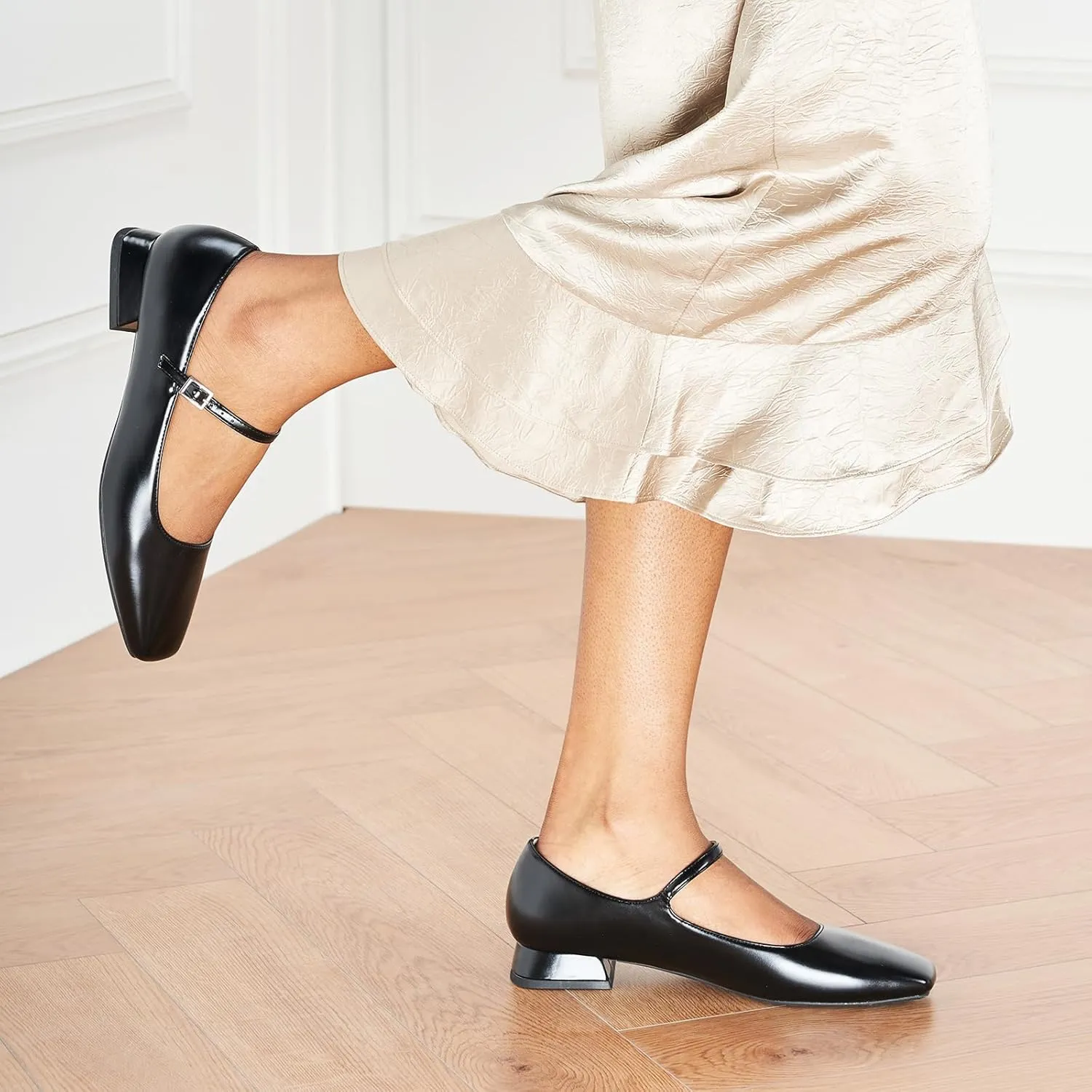 C.Paravano Women's Mary Jane Flats Adjustable Strap & Square Toe | Memory Foam Comfort | Perfect for Office, Weddings, Travel