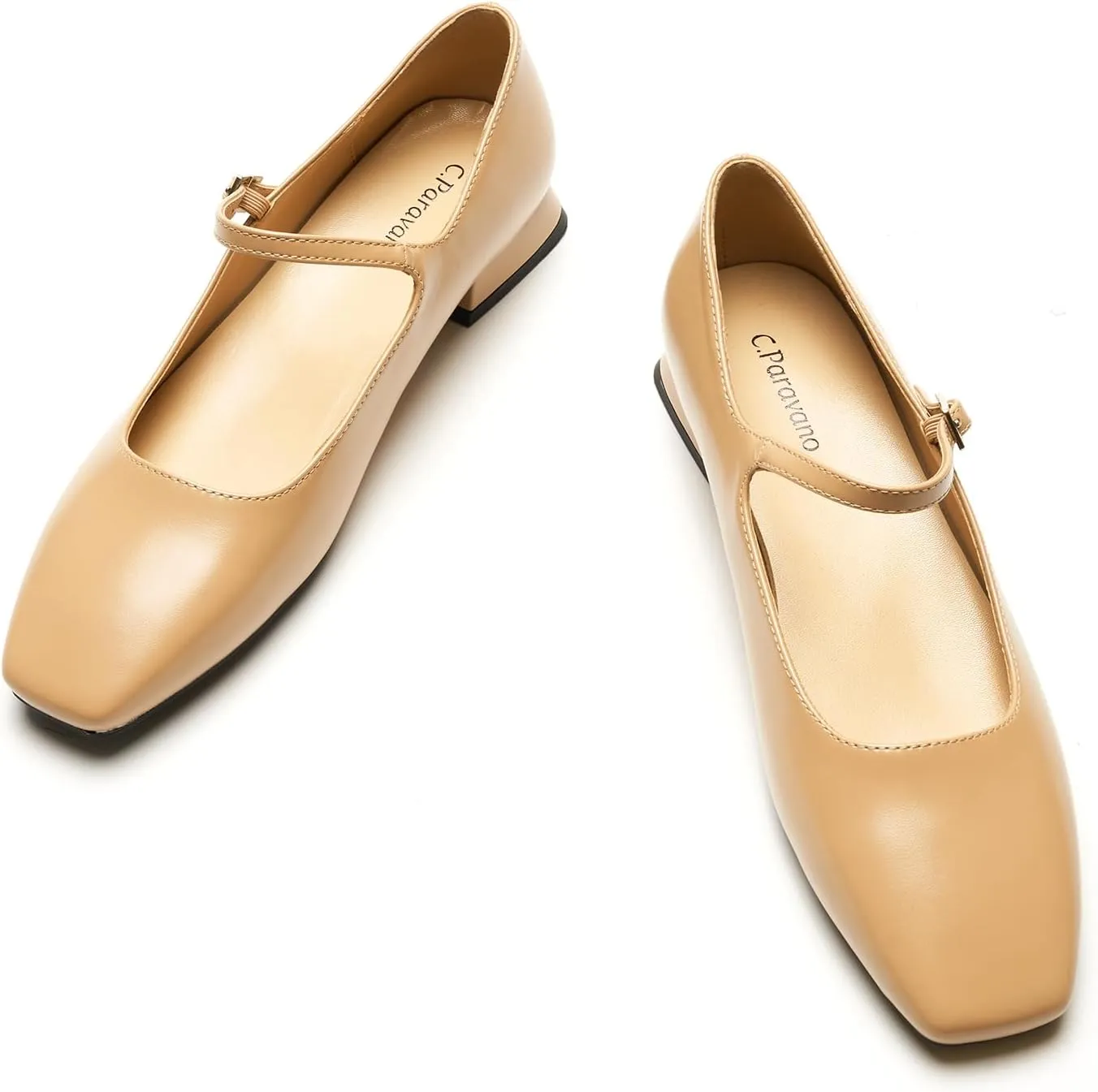 C.Paravano Women's Mary Jane Flats Adjustable Strap & Square Toe | Memory Foam Comfort | Perfect for Office, Weddings, Travel
