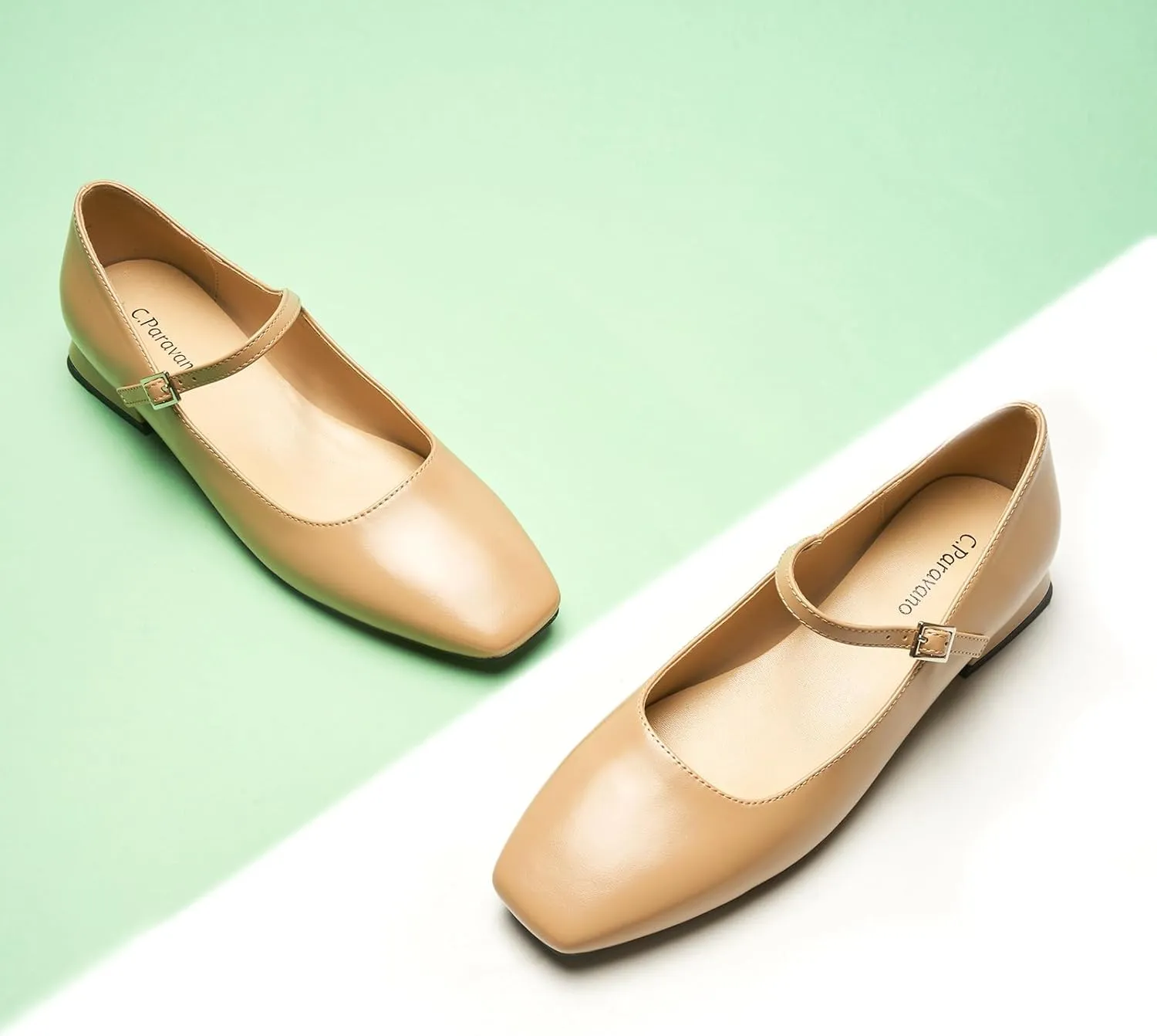 C.Paravano Women's Mary Jane Flats Adjustable Strap & Square Toe | Memory Foam Comfort | Perfect for Office, Weddings, Travel