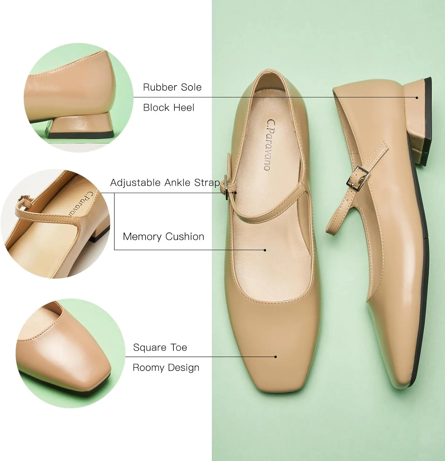 C.Paravano Women's Mary Jane Flats Adjustable Strap & Square Toe | Memory Foam Comfort | Perfect for Office, Weddings, Travel