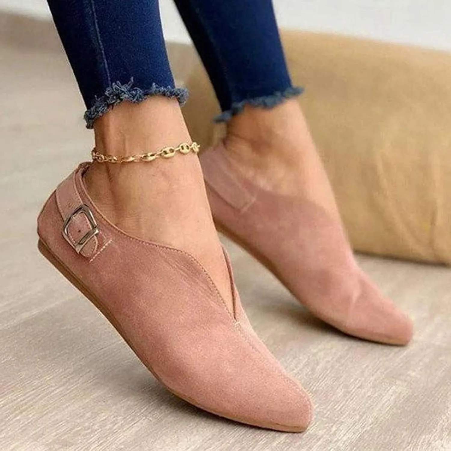 Crzidha Walking Shoes for Women Slip On Buckle Casual V Cut Pointed Toe Loafers Lightweight Comfort Soft Flat Dress Shoes Ballet Flats Fashion Non-Slip Cute Work Office Business Sneakers Shoes