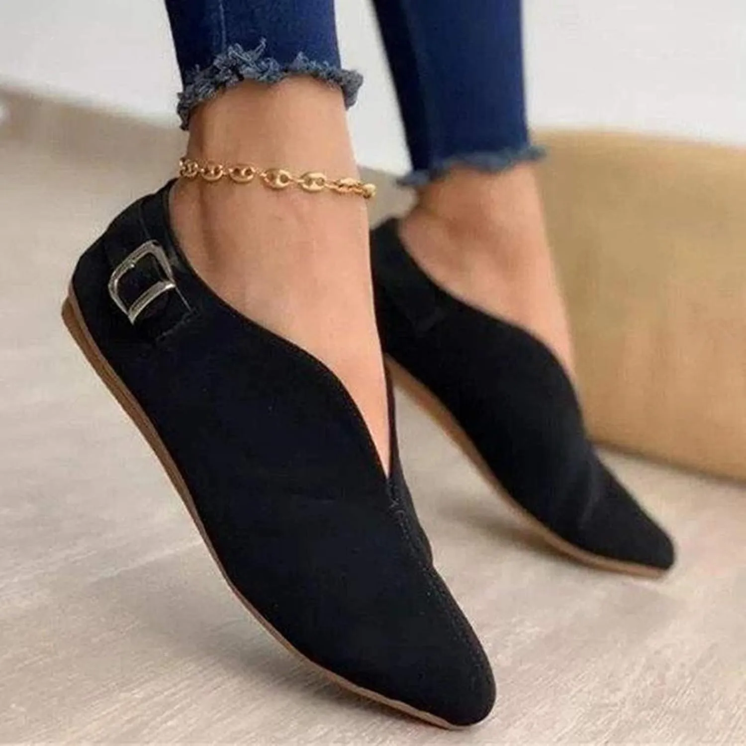 Crzidha Walking Shoes for Women Slip On Buckle Casual V Cut Pointed Toe Loafers Lightweight Comfort Soft Flat Dress Shoes Ballet Flats Fashion Non-Slip Cute Work Office Business Sneakers Shoes