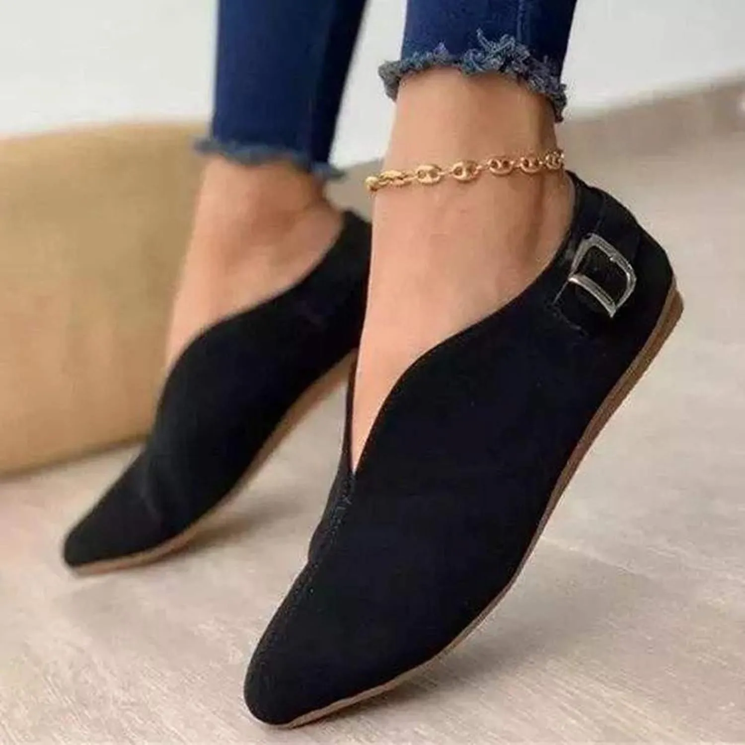 Crzidha Walking Shoes for Women Slip On Buckle Casual V Cut Pointed Toe Loafers Lightweight Comfort Soft Flat Dress Shoes Ballet Flats Fashion Non-Slip Cute Work Office Business Sneakers Shoes