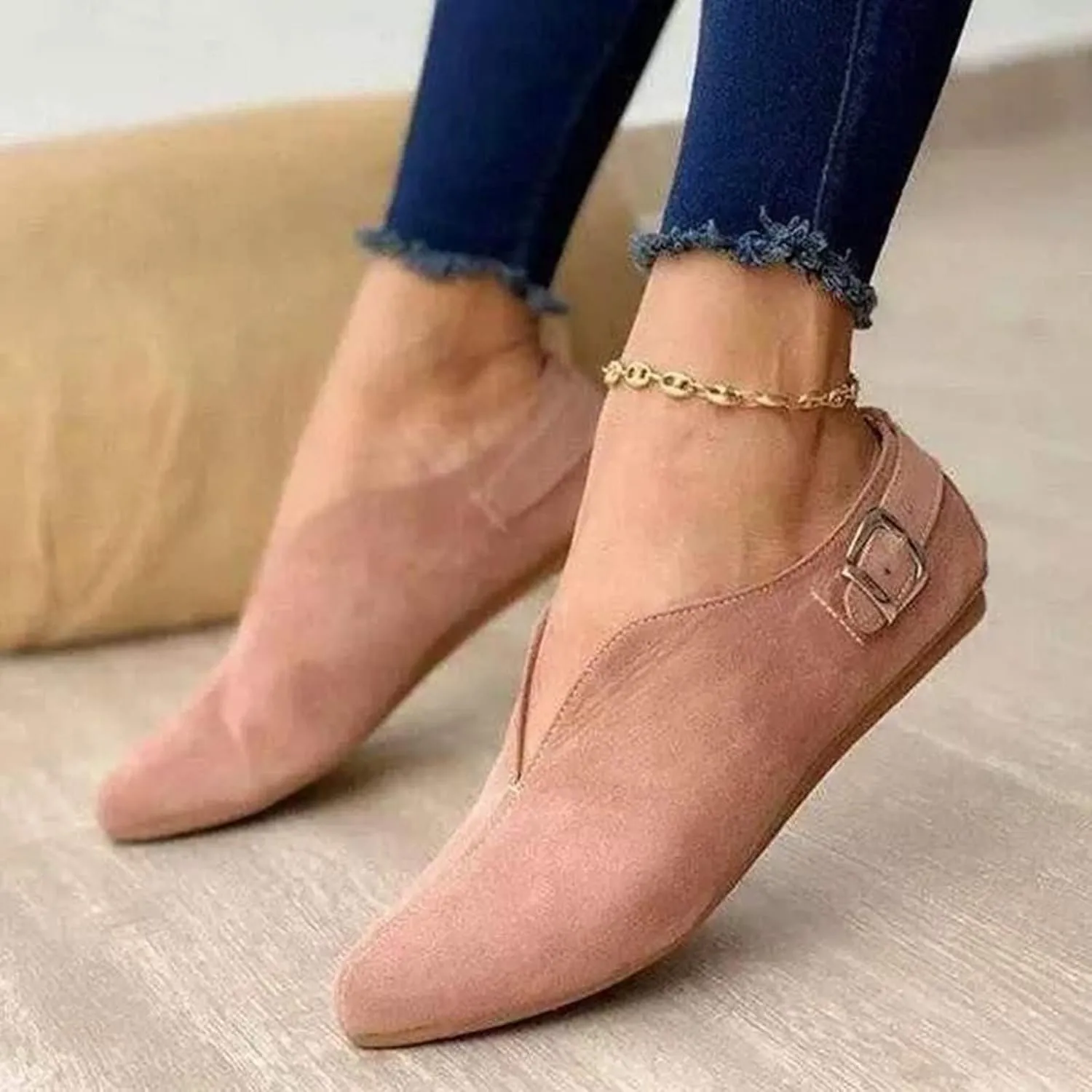 Crzidha Walking Shoes for Women Slip On Buckle Casual V Cut Pointed Toe Loafers Lightweight Comfort Soft Flat Dress Shoes Ballet Flats Fashion Non-Slip Cute Work Office Business Sneakers Shoes