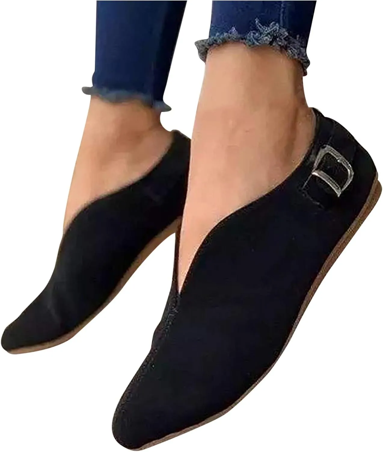 Crzidha Walking Shoes for Women Slip On Buckle Casual V Cut Pointed Toe Loafers Lightweight Comfort Soft Flat Dress Shoes Ballet Flats Fashion Non-Slip Cute Work Office Business Sneakers Shoes