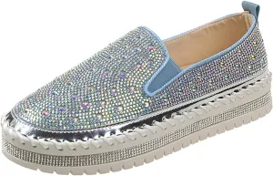 Crzidha Womens Rhinestone Loafers,Stylish Sparkly Rhinestone Platform Slip Ons Comfortable Round Toe Wide Width Low Top Slip On Casual Walk Shoes Fashion Fall Slouchy Party Shoes