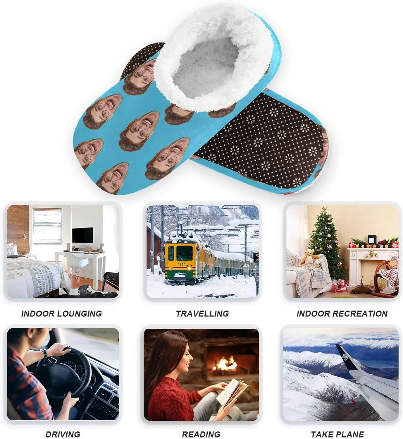 Custom Fuzzy Memory Foam Closed Back Slippers for Women Men Personalized Knit Fleece Lined House Shoes with Face Photos Warm Socks for Outdoor Indoor Bedroom Hotel