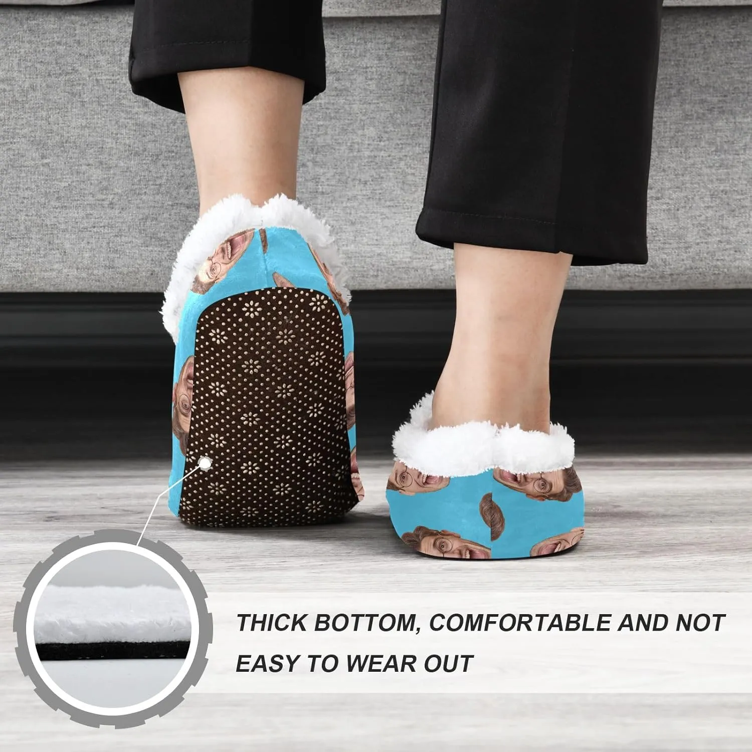 Custom Fuzzy Memory Foam Closed Back Slippers for Women Men Personalized Knit Fleece Lined House Shoes with Face Photos Warm Socks for Outdoor Indoor Bedroom Hotel