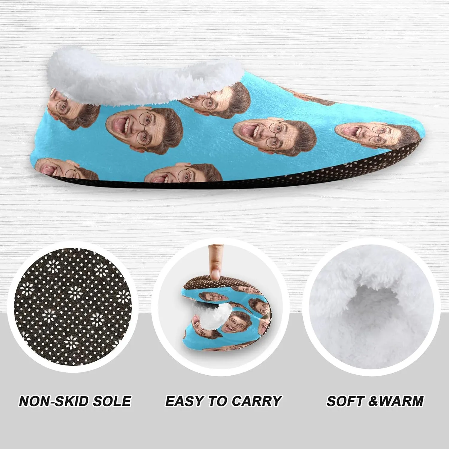 Custom Fuzzy Memory Foam Closed Back Slippers for Women Men Personalized Knit Fleece Lined House Shoes with Face Photos Warm Socks for Outdoor Indoor Bedroom Hotel