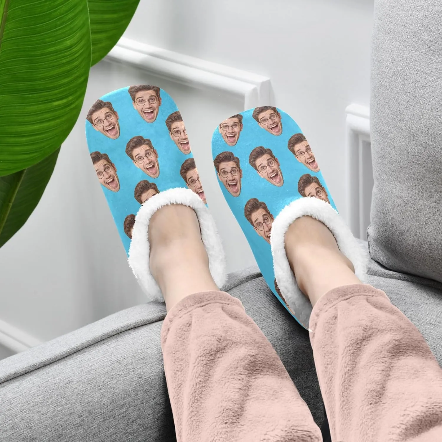 Custom Fuzzy Memory Foam Closed Back Slippers for Women Men Personalized Knit Fleece Lined House Shoes with Face Photos Warm Socks for Outdoor Indoor Bedroom Hotel