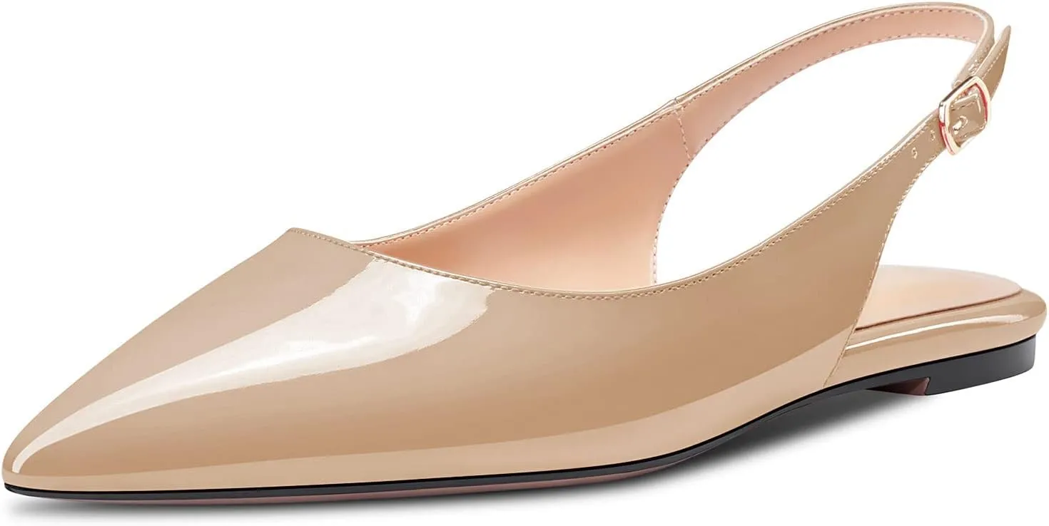 DearOnly Womens Flats Pumps Pointed Toe Slingback Classic Dress Shoes Patent Leather Sandals